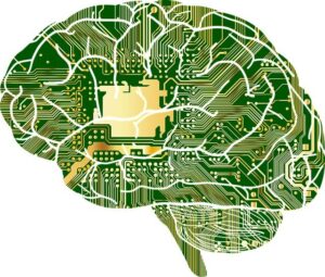 Künstliche Intelligenz für Autoren: menschliches Gehirn als grüne Platine mit goldenen Leiterbahnen, die in der Mitte zu einem Prozessor führen